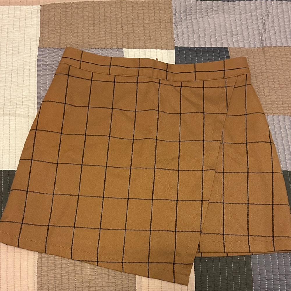 Windowpane Wrap Skirt in Camel with Black Grid